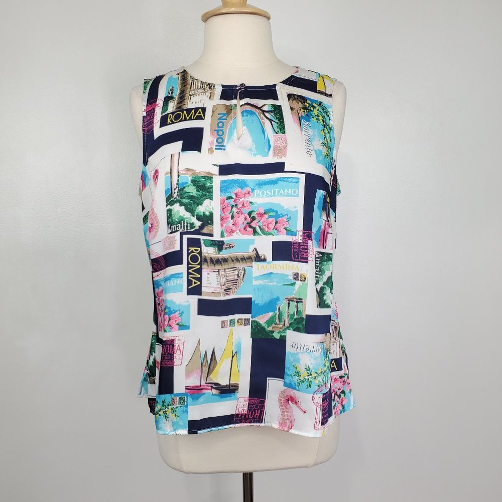 Talbots Petites Multi-Color Vacation Travel Seahorse Postcard Print Top Size LP